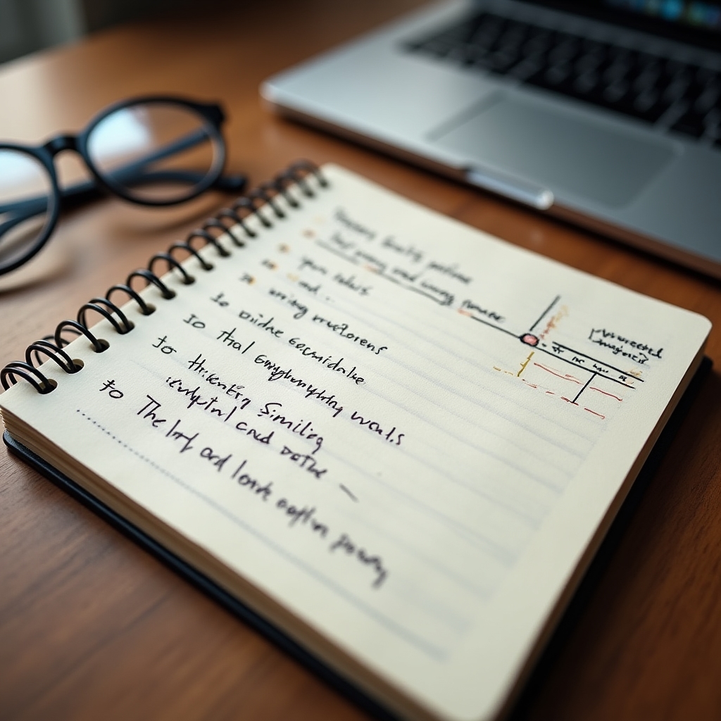 Poznámkový blok s rukou psanými nápady na stole vedle notebooku